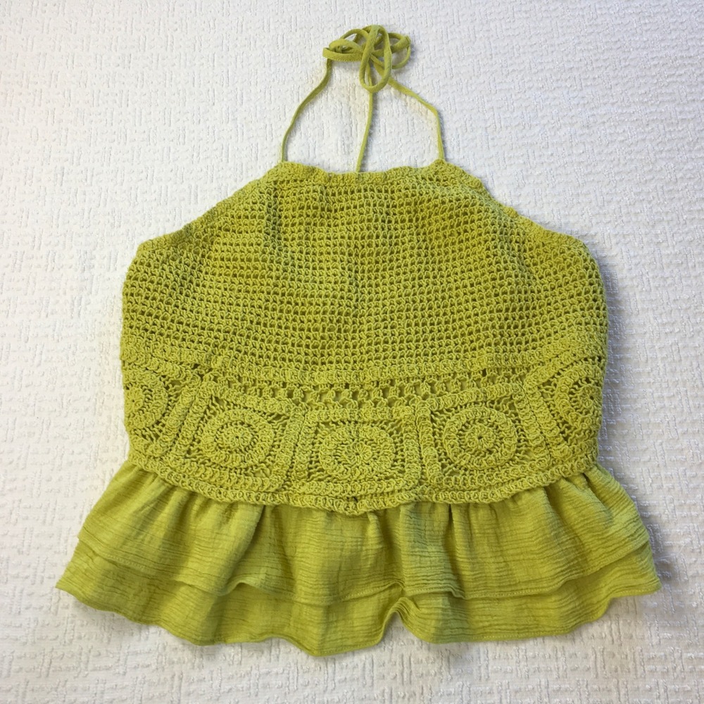 Milk & Honey Womens M Lime Green Crochet Halter Top Ruffle Hem Boho Hippie